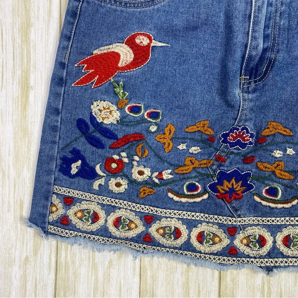 Umgee Red Piper Embroidered Denim Mini Skirt - Picture 5 of 8